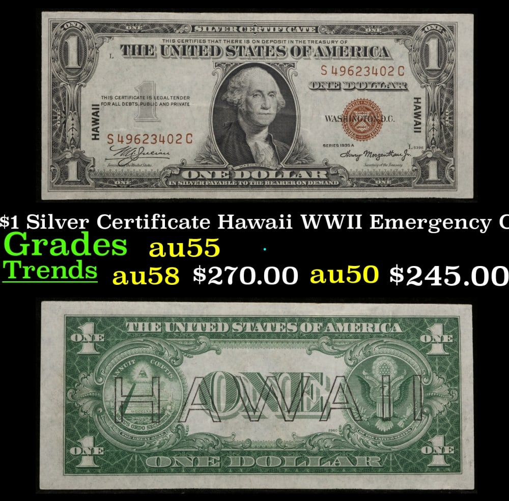 1935A $1 Silver Certificate Hawaii WWII Emergency Currency Grades Choice AU: 1935A $1 Silver Certificate Hawaii WWII Emergency Currency Grades Choice AU. FR-2300 Signatures of Julian & Morgenthau WWII Emergency Currency. It was the darkest days of World War II, just after Pear
