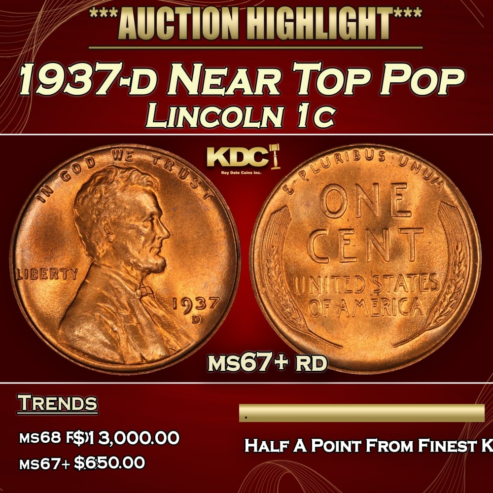1937-d Lincoln Cent Near Top Pop 1c ms67+ rd SEGS (1 of 4)