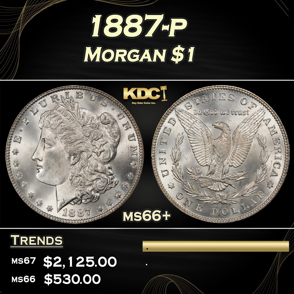 1887-p Morgan Dollar $1 ms66+ SEGS: 1887-p Morgan Dollar $1 ms66+ SEGS. Historic precious metal trends is causing increased spot pricing by the day. On auctions with set openings, we are doing our best to have items priced at their mark
