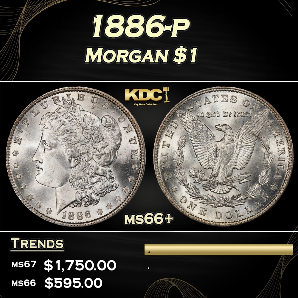 1886-p Morgan Dollar $1 ms66+ SEGS: 1886-p Morgan Dollar $1 ms66+ SEGS. Historic precious metal trends is causing increased spot pricing by the day. On auctions with set openings, we are doing our best to have items priced at their mark