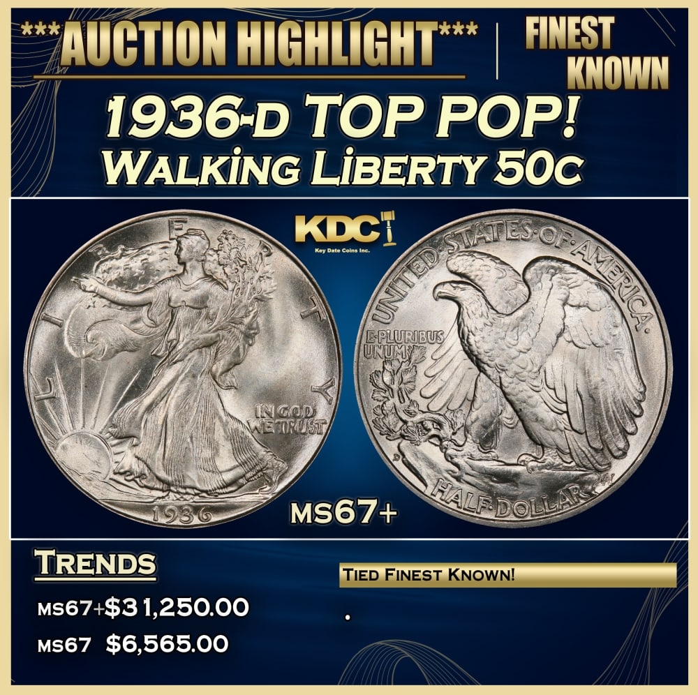 1936-d Walking Liberty Half Dollar TOP POP! 50c ms67+ SEGS: 1936-d TOP POP! Walking Liberty Half Dollar 50c ms67+ SEGS. Historic precious metal trends is causing increased spot pricing by the day. On auctions with set openings, we are doing our best to have it