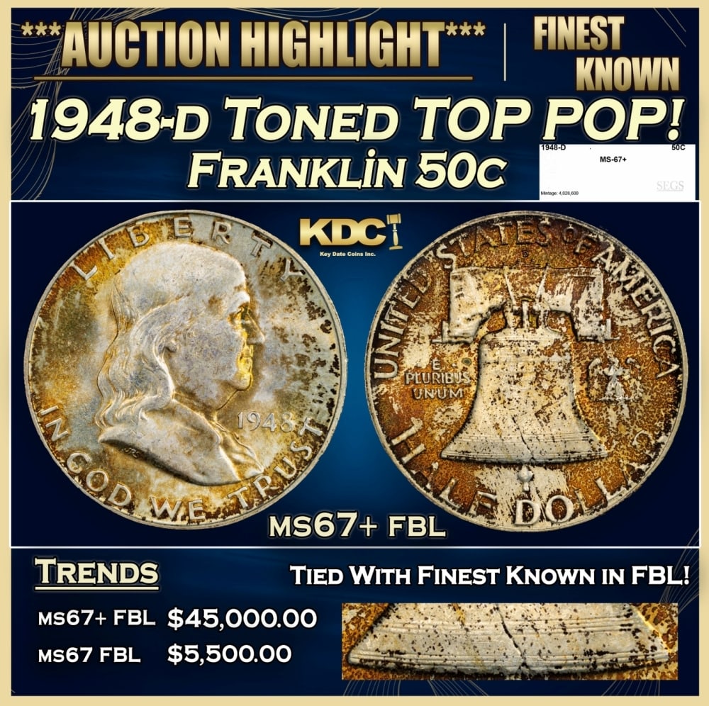 1948-d Franklin Half Dollar Toned TOP POP! 50c ms67+ fbl SEGS (1 of 5)