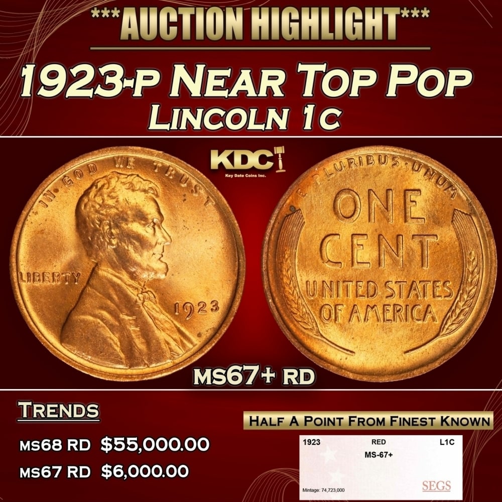 1923-p Lincoln Cent Near Top Pop 1c ms67+ rd SEGS: 1923-p Near Top Pop Lincoln Cent 1c ms67+ rd SEGS. 0 Historic precious metal trends is causing increased spot pricing by the day. On auctions with set openings, we are doing our best to have items pri