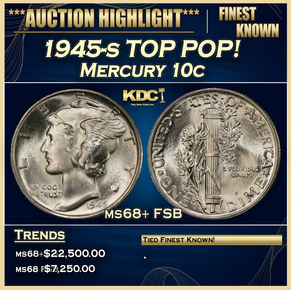 1945-s Mercury Dime TOP POP! 10c ms68+ FSB SEGS: 1945-s TOP POP! Mercury Dime 10c ms68+ FSB SEGS. 0 Historic precious metal trends is causing increased spot pricing by the day. On auctions with set openings, we are doing our best to have items price