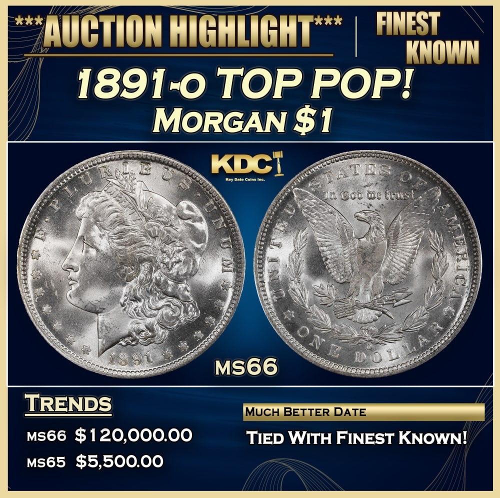 1891-o Morgan Dollar TOP POP! $1 ms66 SEGS: 1891-o TOP POP! Morgan Dollar $1 ms66 SEGS. 0 Historic precious metal trends is causing increased spot pricing by the day. On auctions with set openings, we are doing our best to have items priced at
