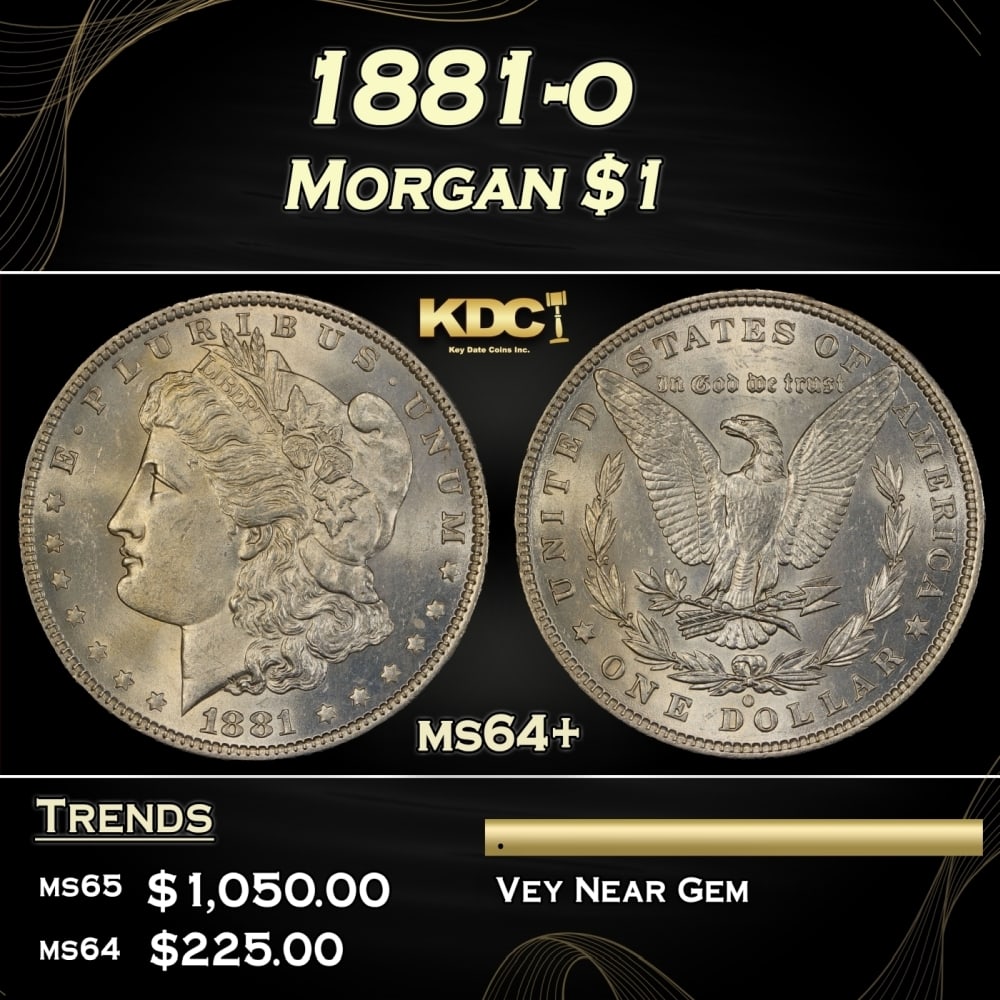 1881-o Morgan Dollar $1 Grades ms64+: 1881-o Morgan Dollar $1 Grades ms64+. 0 Historic precious metal trends is causing increased spot pricing by the day. On auctions with set openings, we are doing our best to have items priced at their