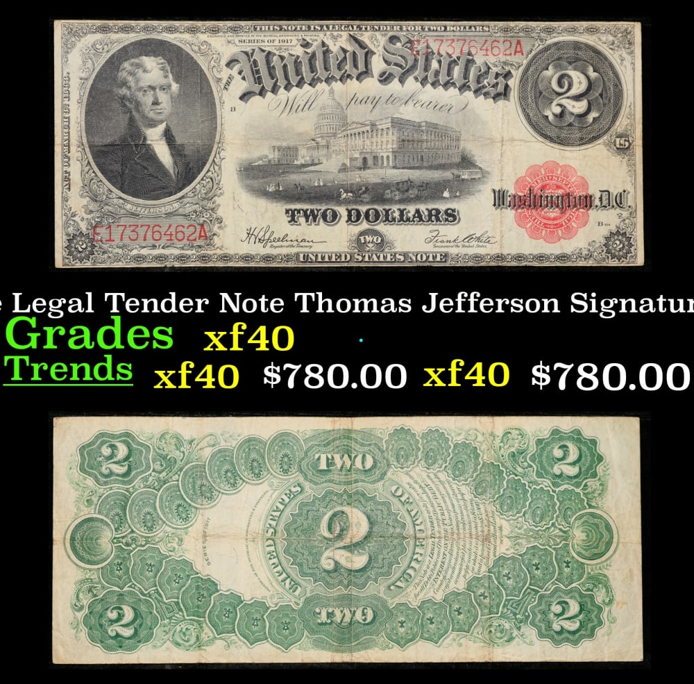 1917 $2 Large Size Legal Tender Note Thomas Jefferson Grades xf Signatures Speelman/White: 1917 $2 Large Size Legal Tender Note Thomas Jefferson Grades xf Signatures Speelman/White. FR-60 This 1917 $2 Jefferson Legal Tender Currency Note is only the second two dollar bill in history. It sho