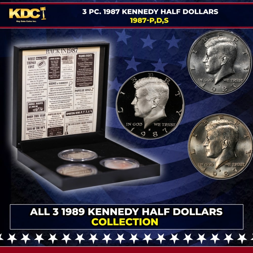 Complete 3 PC. 1987 Kennedy Half Dollar 50c set In Custom Box W/ Special Backer Card BU & Proof (1 of 7)