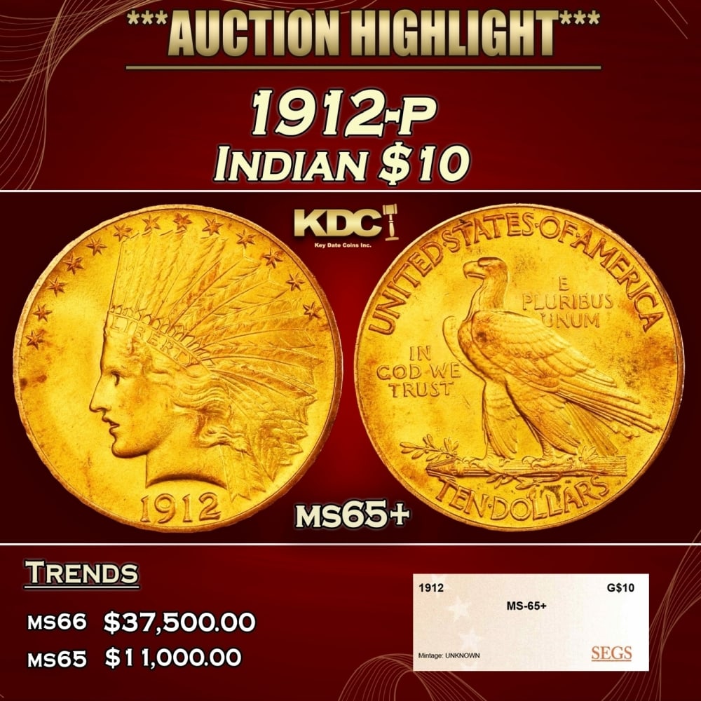 1912-p Gold Indian Eagle $10 ms65+ SEGS: 1912-p Gold Indian Eagle $10 ms65+ SEGS. 0 Historic precious metal trends is causing increased spot pricing by the day. On auctions with set openings, we are doing our best to have items priced at the