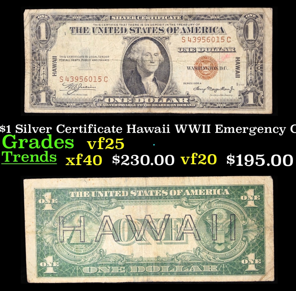 1935A $1 Silver Certificate Hawaii WWII Emergency Currency Grades vf+: 1935A $1 Silver Certificate Hawaii WWII Emergency Currency Grades vf+. FR-2300 Signatures of Julian & Morgenthau WWII Emergency Currency. It was the darkest days of World War II, just after Pearl Harb
