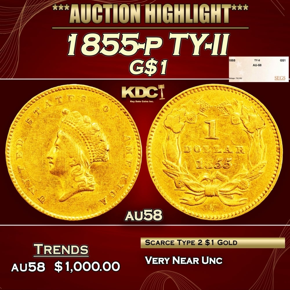 1855-p Gold Dollar TY-II $1 au58 SEGS (1 of 4)