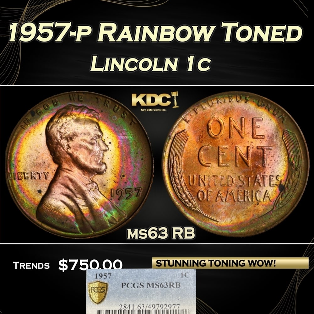 PCGS 1957-p Lincoln Cent Rainbow Toned 1c ms63 RB PCGS: PCGS 1957-p Rainbow Toned Lincoln Cent 1c ms63 RB PCGS. 0 Historic precious metal trends is causing increased spot pricing by the day. On auctions with set openings, we are doing our best to have item