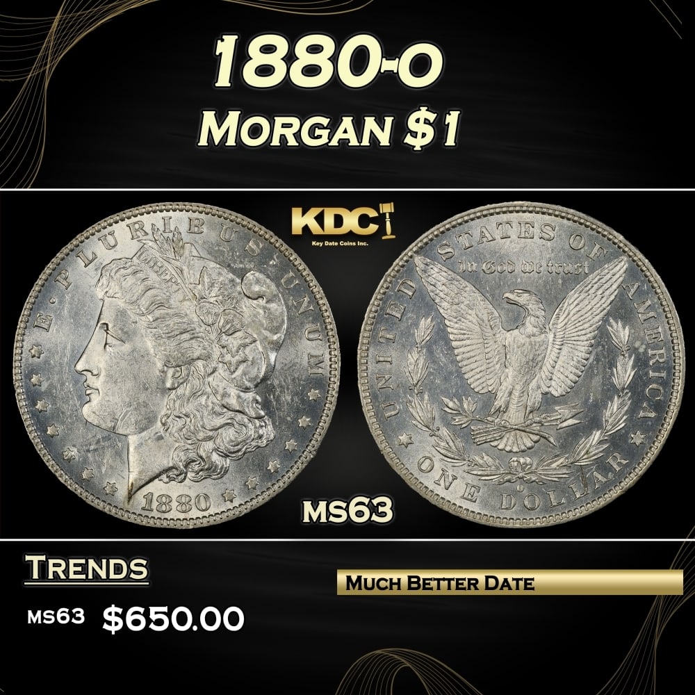 1880-o Morgan Dollar $1 Grades ms63: 1880-o Morgan Dollar $1 Grades ms63. 0 Historic precious metal trends is causing increased spot pricing by the day. On auctions with set openings, we are doing our best to have items priced at their m