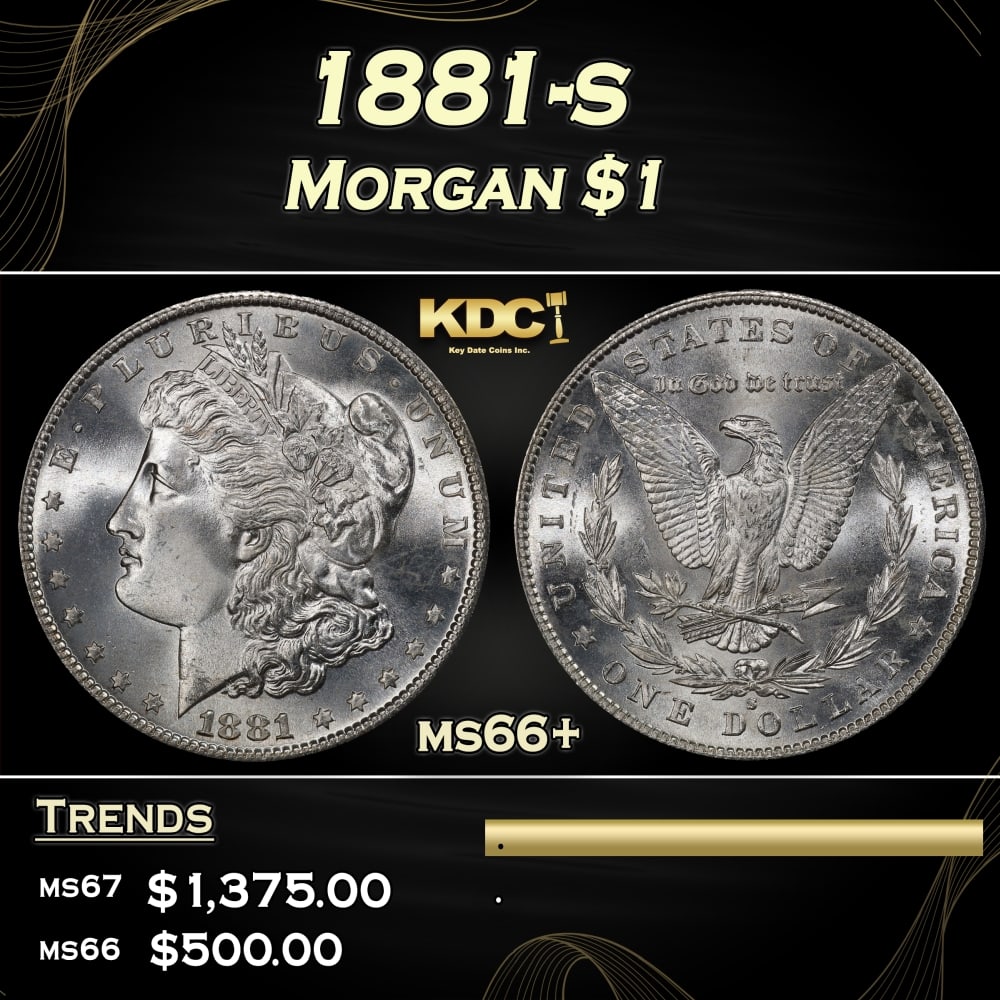 1881-s Morgan Dollar $1 ms66+ SEGS: 1881-s Morgan Dollar $1 ms66+ SEGS. Historic precious metal trends is causing increased spot pricing by the day. On auctions with set openings, we are doing our best to have items priced at their mark