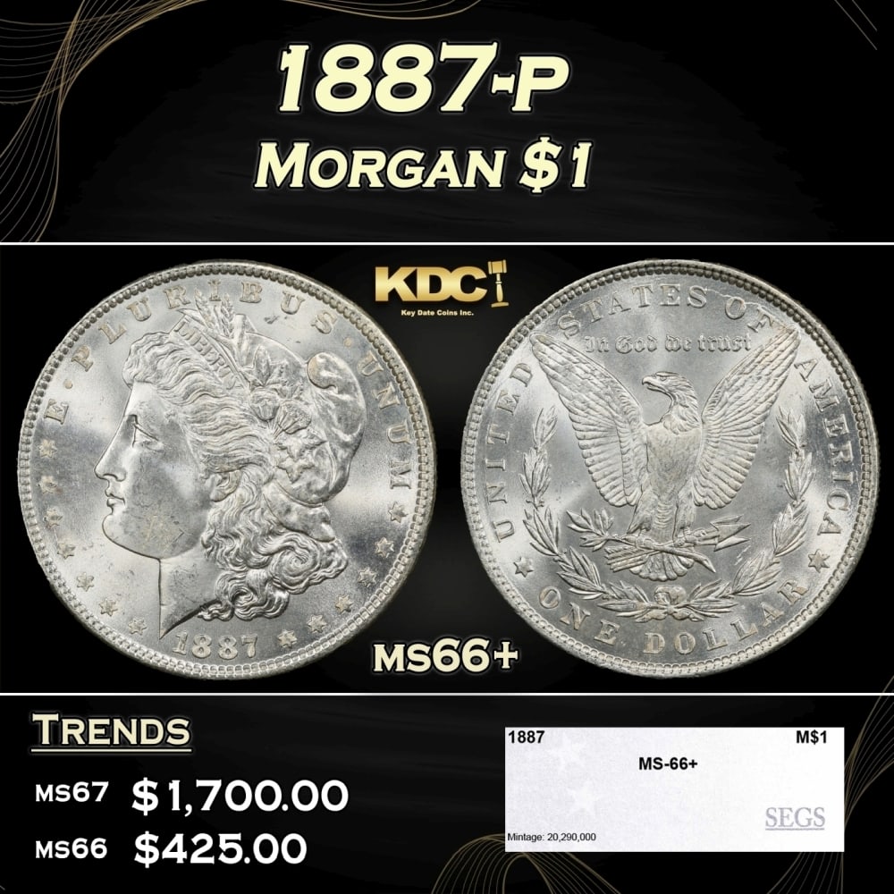 1887-p Morgan Dollar $1 ms66+ SEGS: 1887-p Morgan Dollar $1 ms66+ SEGS. 0 Historic precious metal trends is causing increased spot pricing by the day. On auctions with set openings, we are doing our best to have items priced at their ma