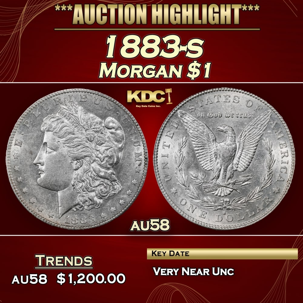 1883-s Morgan Dollar $1 au58 SEGS: 1883-s Morgan Dollar $1 au58 SEGS. Historic precious metal trends is causing increased spot pricing by the day. On auctions with set openings, we are doing our best to have items priced at their marke