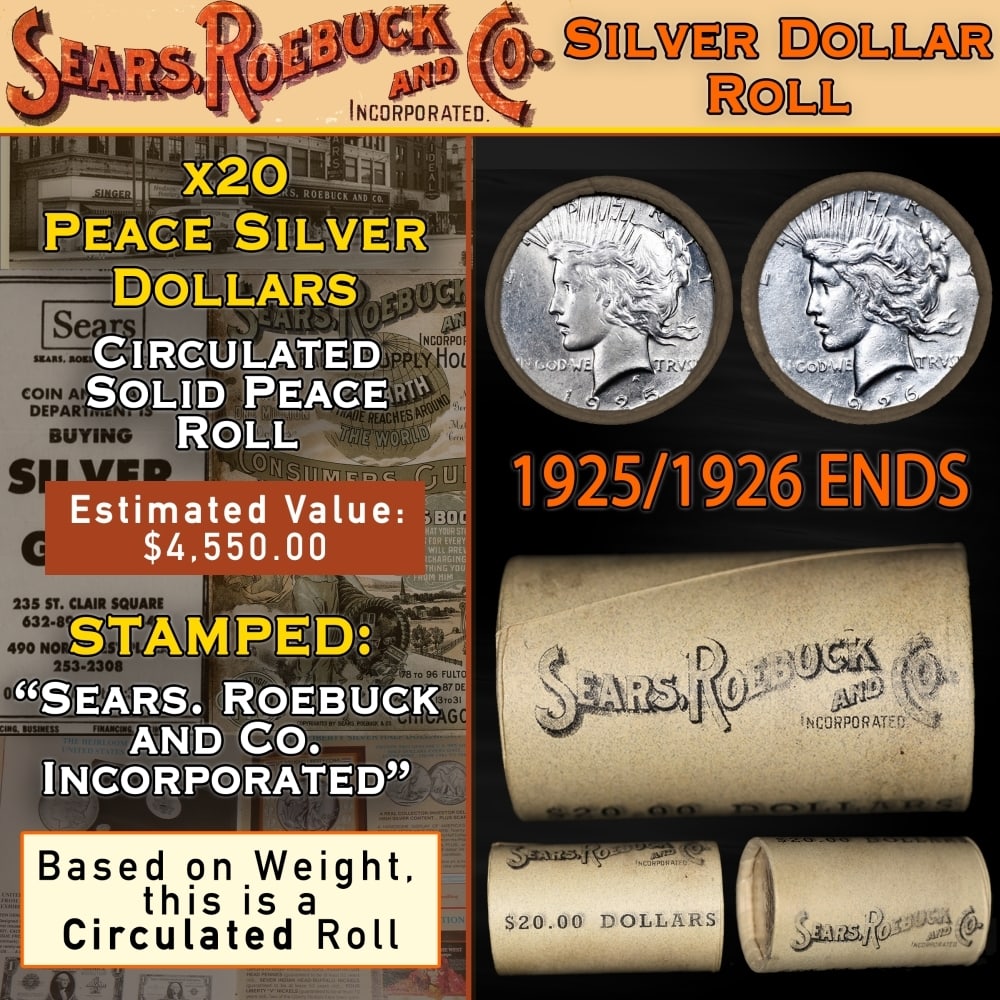 20 Peace Dollars $1 SEARS Roll Circ 1925/1926 Ends: 20 Peace Dollars $1 SEARS Roll Circ 1925/1926 Ends. Up For Auction is a 32- 20 Peace Dollars $1 SEARS Roll Circ 1925/1926 Ends Roll Weighing 524.3 g Based On this weight this is a Circ Roll We are ver