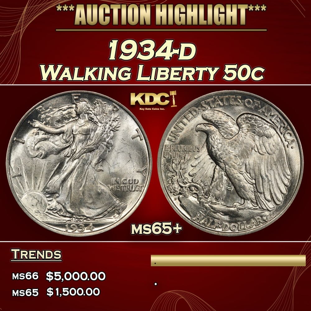 1934-d Walking Liberty Half Dollar 50c ms65+ SEGS: 1934-d Walking Liberty Half Dollar 50c ms65+ SEGS. Historic precious metal trends is causing increased spot pricing by the day. On auctions with set openings, we are doing our best to have items price