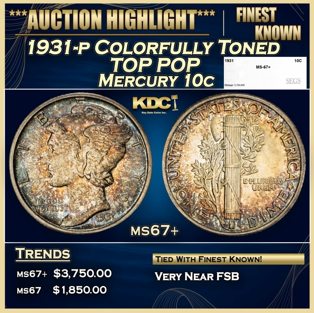 1931-p Mercury Dime Colorfully Toned TOP POP 10c ms67+ SEGS: 1931-p Colorfully Toned TOP POP Mercury Dime 10c ms67+ SEGS. 0 Historic precious metal trends is causing increased spot pricing by the day. On auctions with set openings, we are doing our best to have
