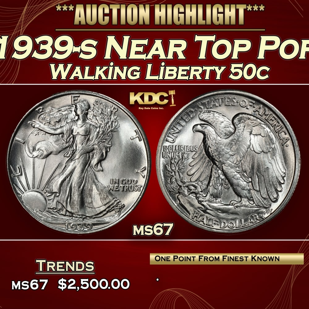 1939-s Walking Liberty Half Dollar Near Top Pop 50c ms67 SEGS: 1939-s Near Top Pop Walking Liberty Half Dollar 50c ms67 SEGS. Historic precious metal trends is causing increased spot pricing by the day. On auctions with set openings, we are doing our best to have