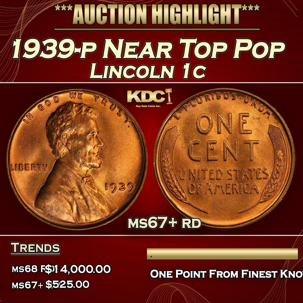 1939-p Lincoln Cent Near Top Pop 1c ms67+ rd SEGS (1 of 4)