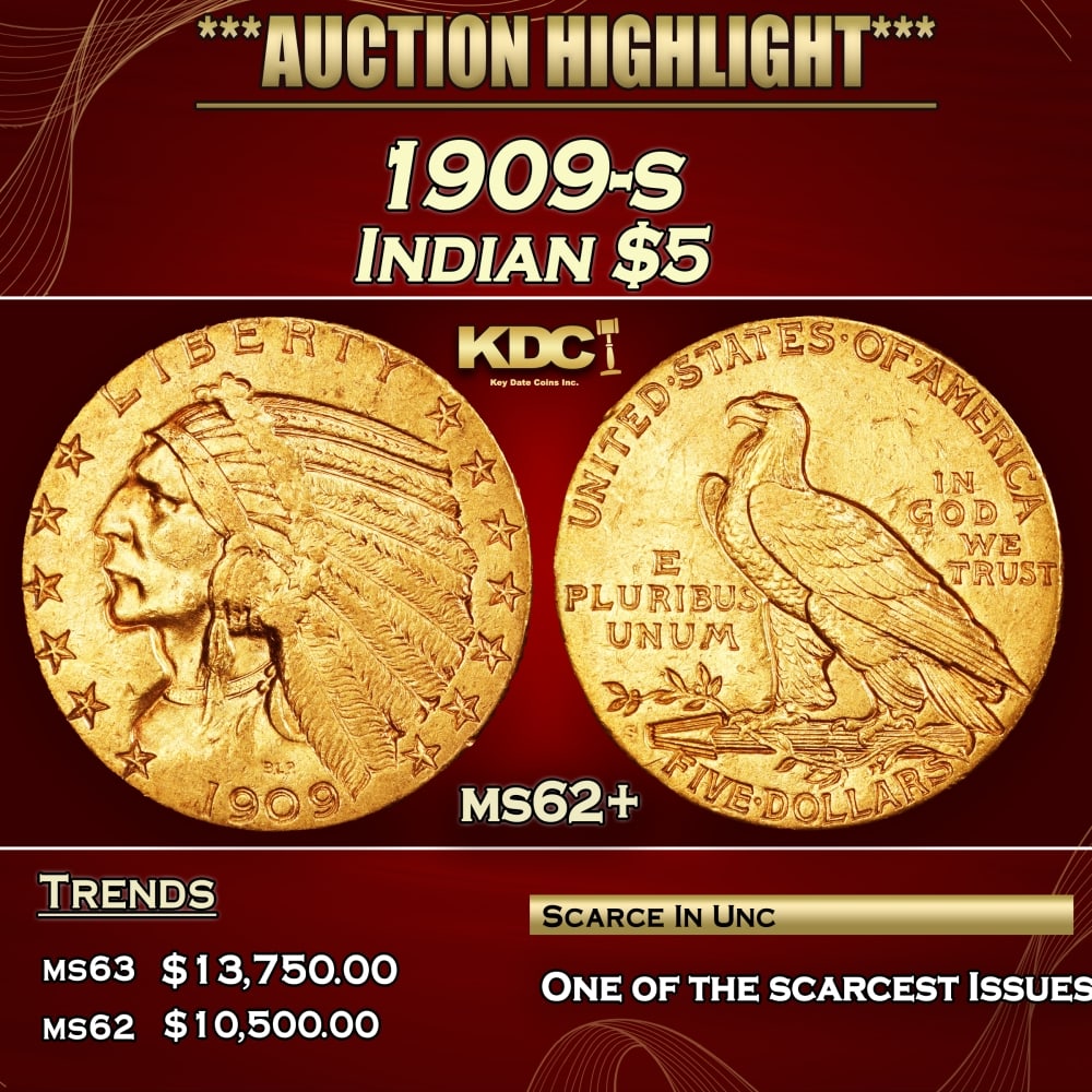 1909-s Gold Indian Half Eagle $5 ms62+ USCG (1 of 4)