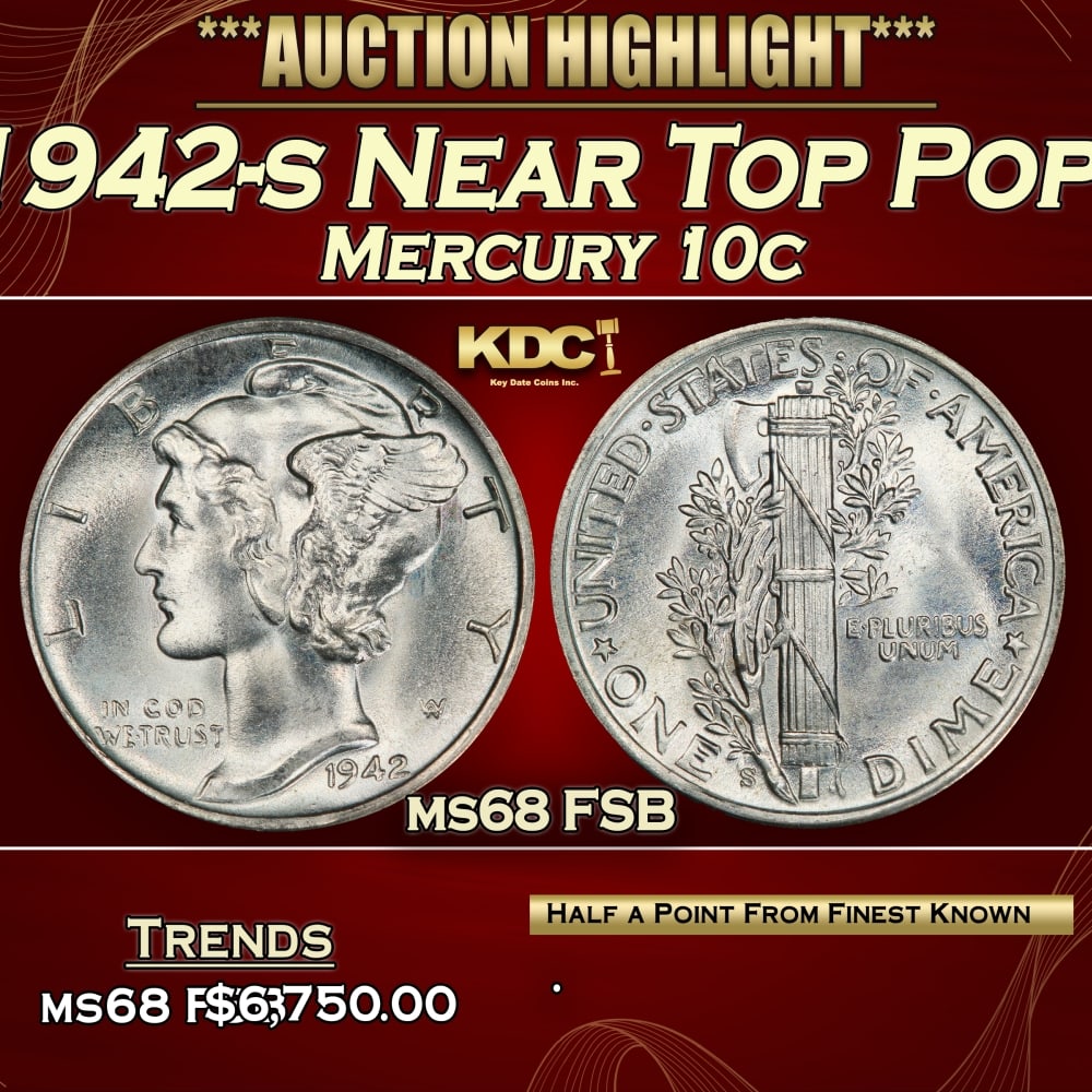 1942-s Mercury Dime Near Top Pop! 10c ms68 FSB SEGS: 1942-s Near Top Pop! Mercury Dime 10c ms68 FSB SEGS. Historic precious metal trends is causing increased spot pricing by the day. On auctions with set openings, we are doing our best to have items pri