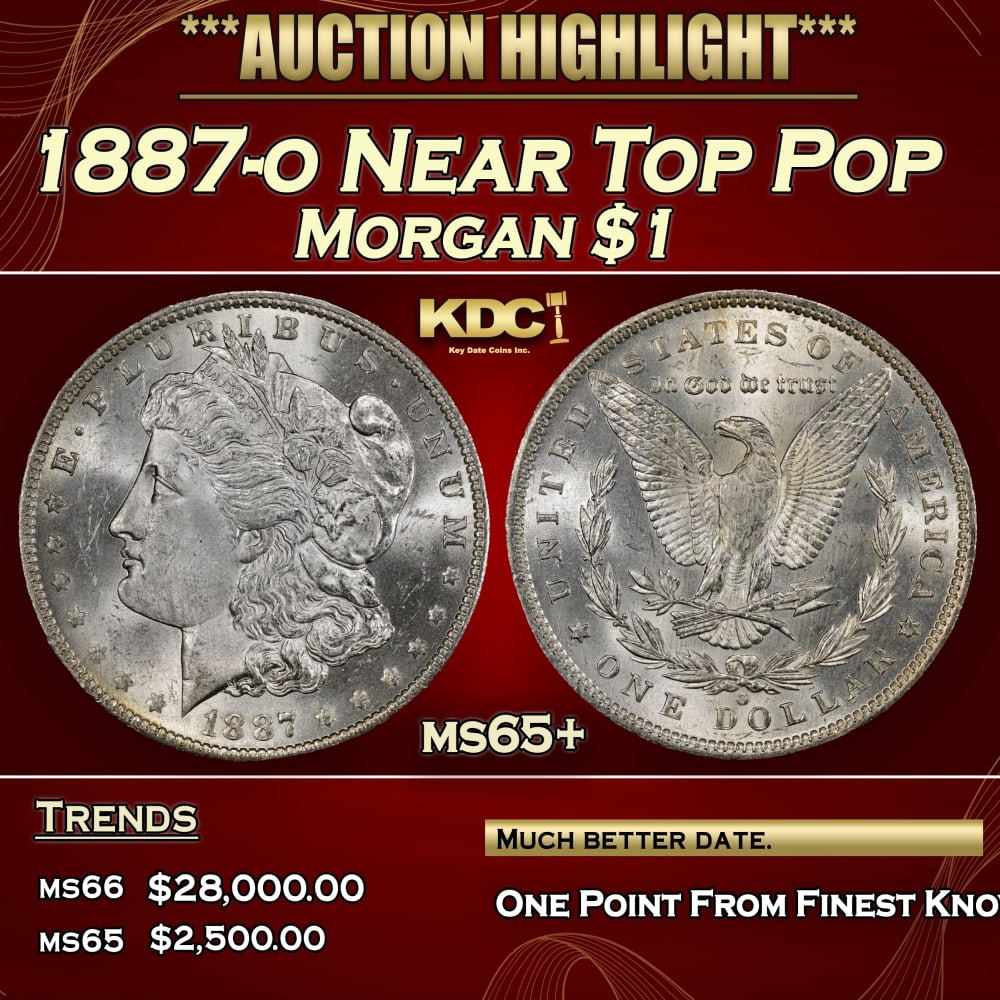 1887-o Morgan Dollar Near Top Pop $1 ms65+ SEGS: 1887-o Near Top Pop Morgan Dollar $1 ms65+ SEGS. 0 Historic precious metal trends is causing increased spot pricing by the day. On auctions with set openings, we are doing our best to have items price