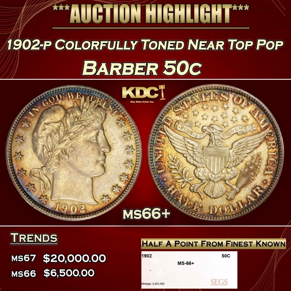 1902-p Barber Half Dollars Colorfully Toned Near Top Pop 50c ms66+ SEGS (1 of 4)