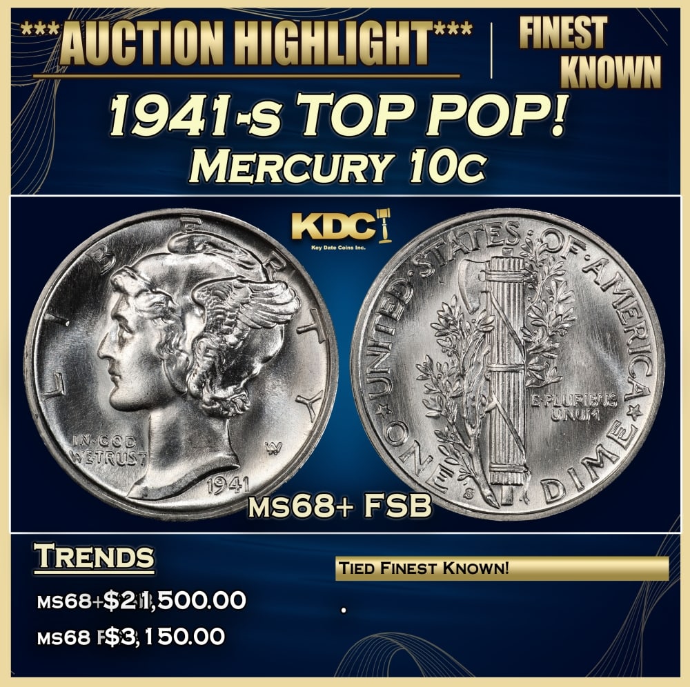 1941-s Mercury Dime TOP POP! 10c ms68+ FSB SEGS: 1941-s TOP POP! Mercury Dime 10c ms68+ FSB SEGS. Historic precious metal trends is causing increased spot pricing by the day. On auctions with set openings, we are doing our best to have items priced
