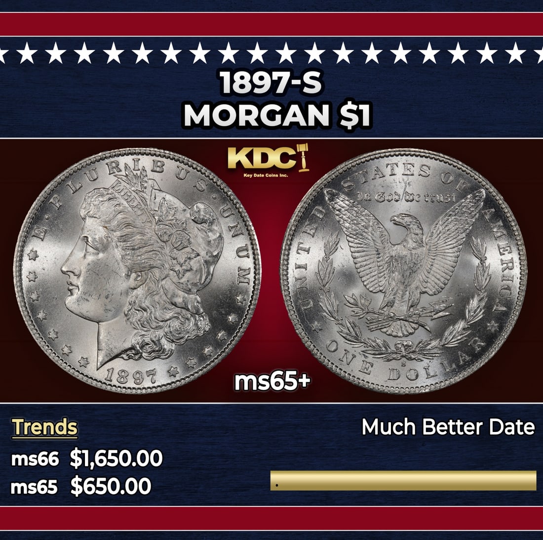 1897-s Morgan Dollar $1 ms65+ SEGS: 1897-s Morgan Dollar $1 ms65+ SEGS. Historic precious metal trends is causing increased spot pricing by the day. On auctions with set openings, we are doing our best to have items priced at their mark