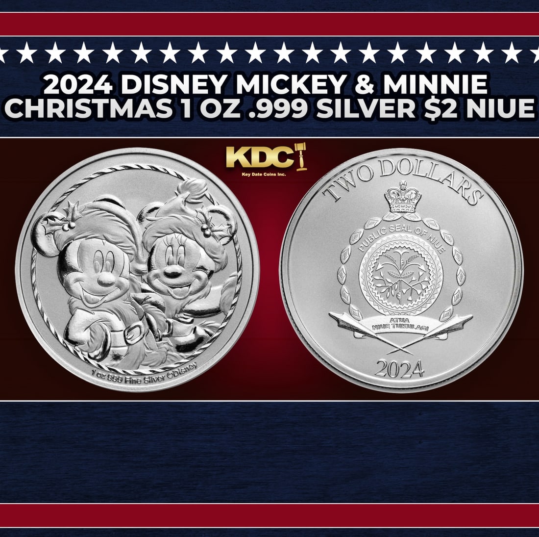 2024 Disney Mickey & Minnie Christmas 1 oz .999 Silver $2 Niue Round (1 of 3)