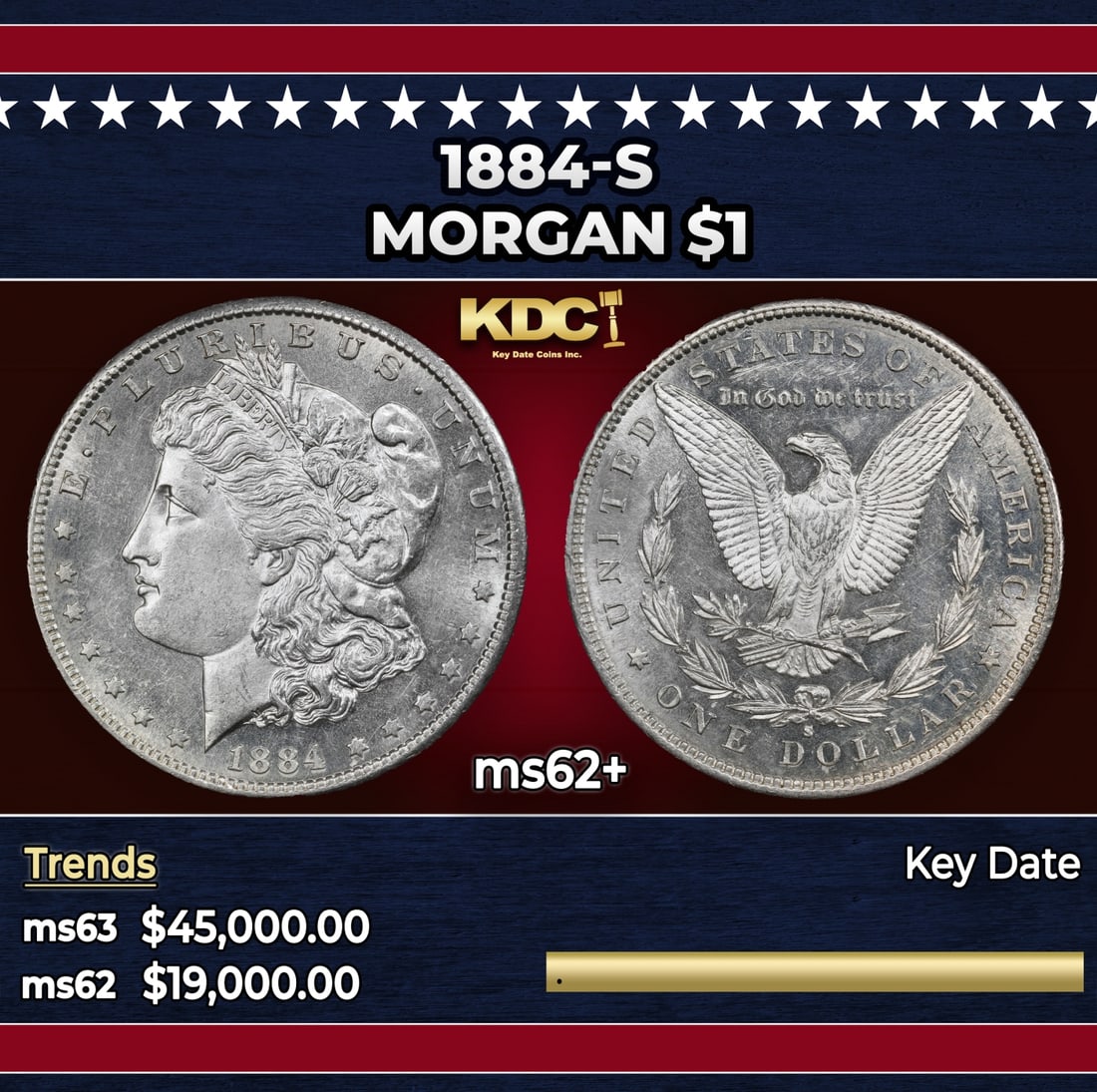 1884-s Morgan Dollar $1 ms62+ USCG: 1884-s Morgan Dollar $1 ms62+ USCG. Historic precious metal trends is causing increased spot pricing by the day. On auctions with set openings, we are doing our best to have items priced at their mark