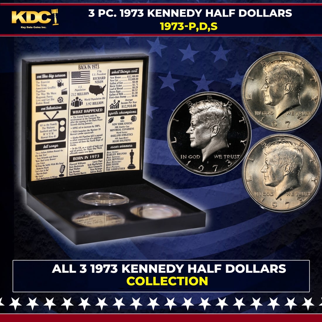 Complete 3 PC. 1973 Kennedy Half Dollar 50c set In Custom Box W/ Special Backer Card BU & Proof (1 of 7)