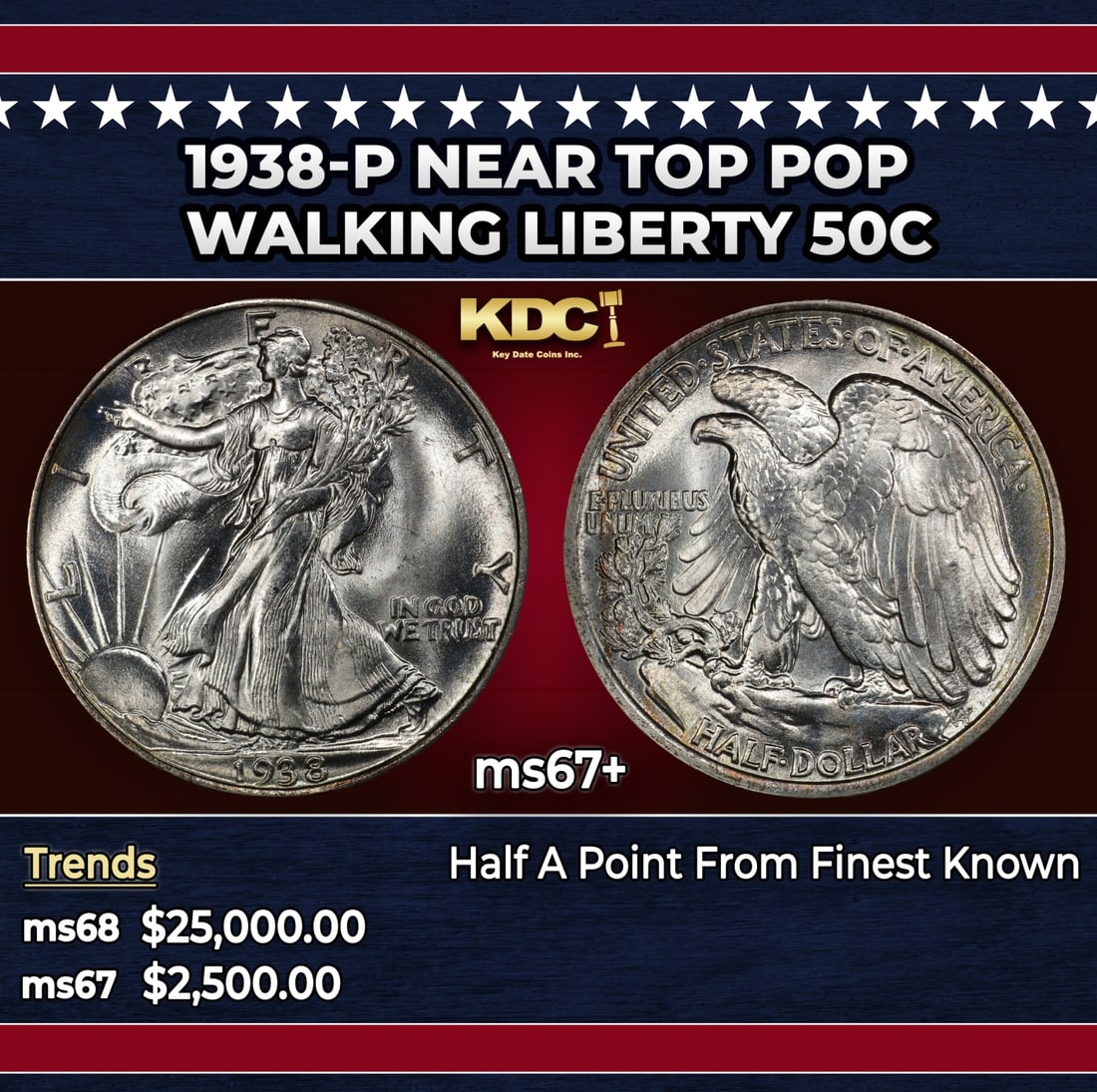 1938-p Walking Liberty Half Dollar Near Top Pop 50c ms67+ SEGS: 1938-p Near Top Pop Walking Liberty Half Dollar 50c ms67+ SEGS. Historic precious metal trends is causing increased spot pricing by the day. On auctions with set openings, we are doing our best to hav