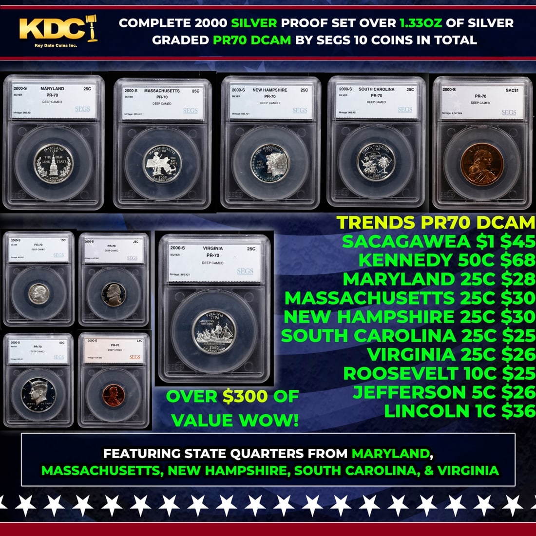 2000 US Silver Proof Set Graded pr70 DCAM By SEGS about 1.5 oz of pure silver 10 Coins: 2000 US Silver Proof Set Graded pr70 DCAM By SEGS about 1.5 oz of pure silver 10 Coins. Historic precious metal trends is causing increased spot pricing by the day. On auctions with set openings, we a