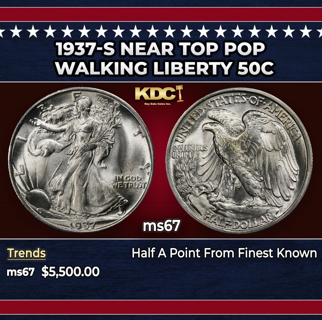 1937-s Walking Liberty Half Dollar Near Top Pop 50c ms67 SEGS: 1937-s Near Top Pop Walking Liberty Half Dollar 50c ms67 SEGS. Historic precious metal trends is causing increased spot pricing by the day. On auctions with set openings, we are doing our best to have
