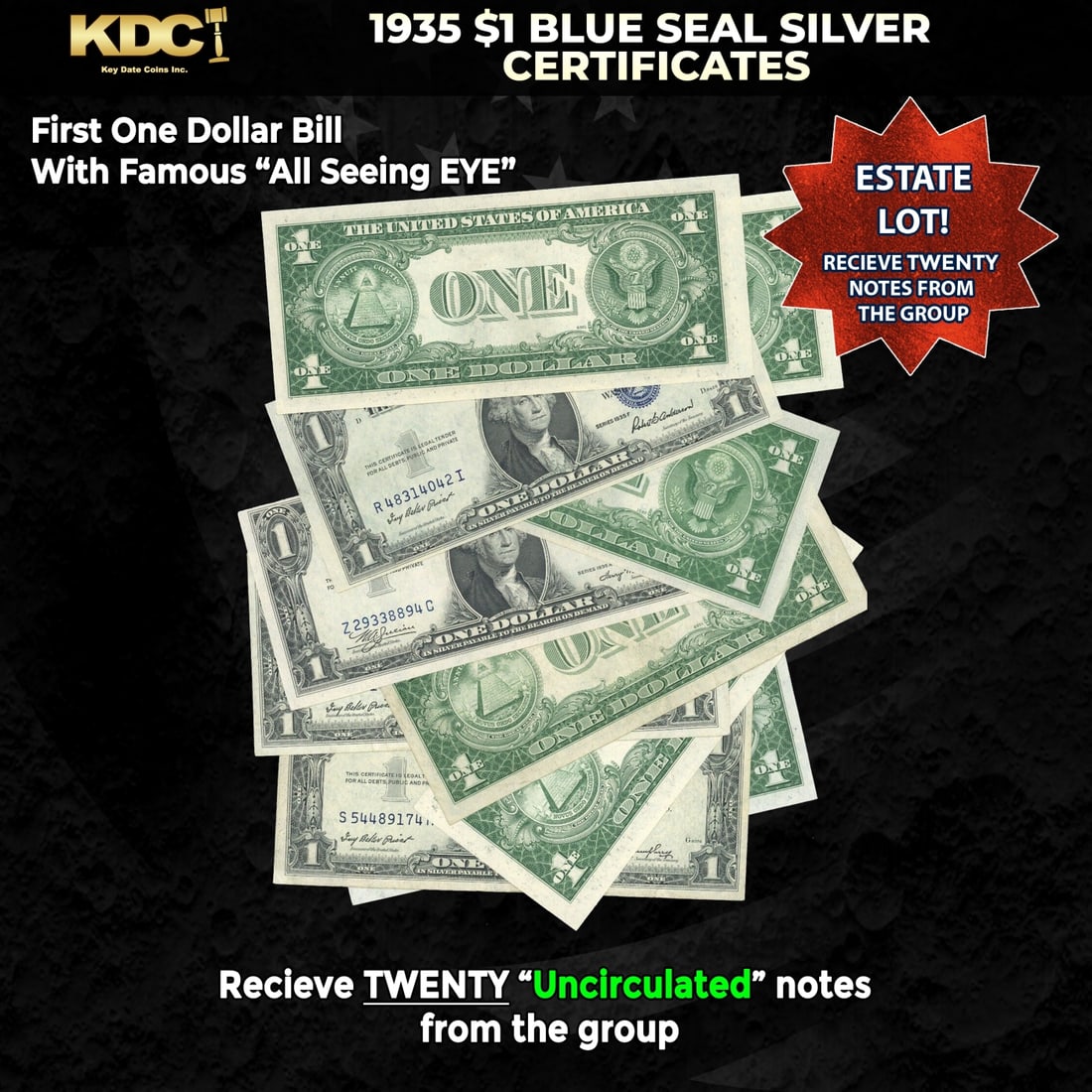 20x 1935 $1 Blue Seal Silver Certificates Grades CU: 20x 1935 $1 Blue Seal Silver Certificates Grades CU. Silver Certificates were redeemable in Silver. One of their most distinctive qualities is the blue Treasury seal and serial numbers. These notes in