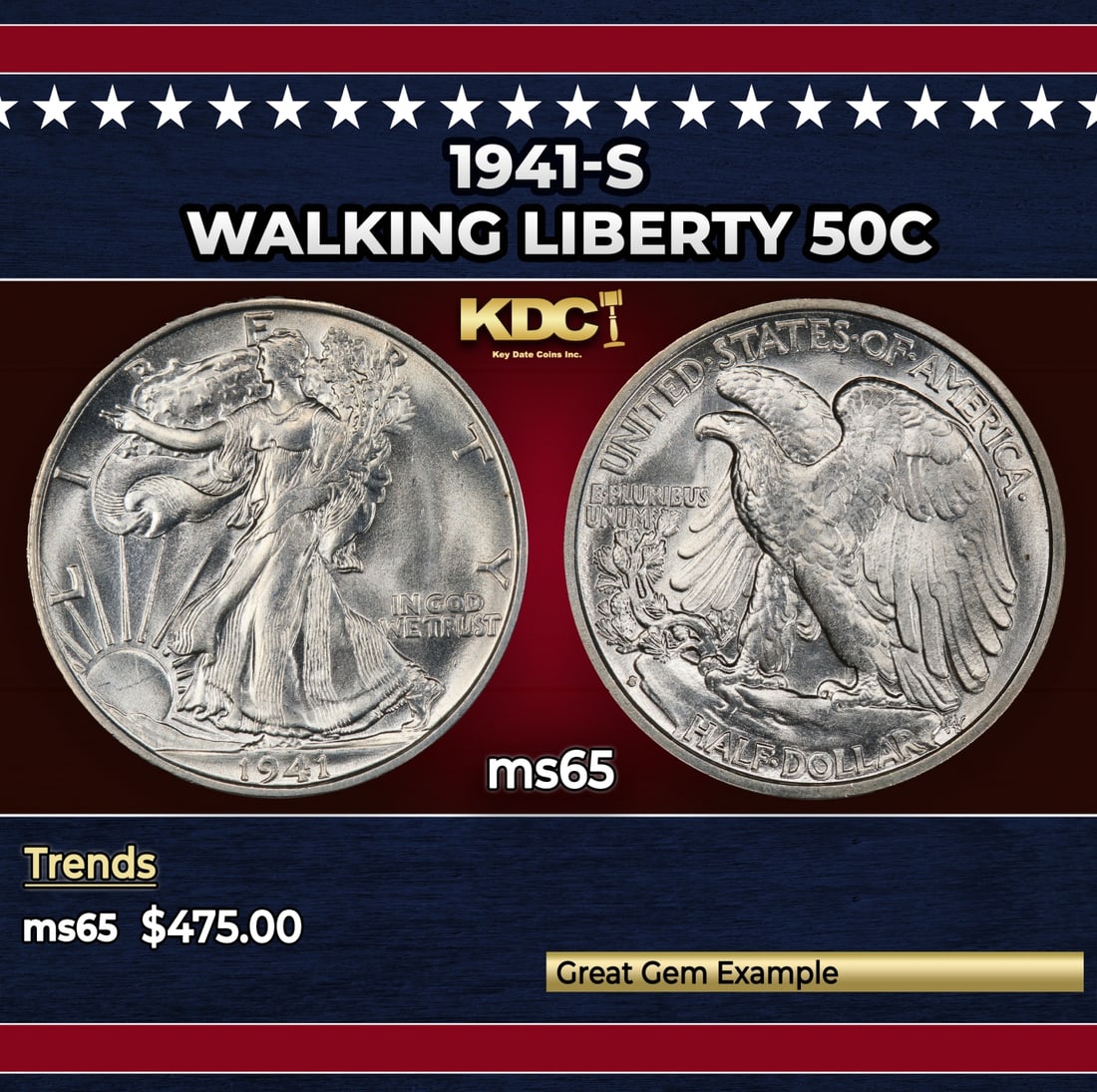 1941-s Walking Liberty Half Dollar 50c Grades ms65 (1 of 3)