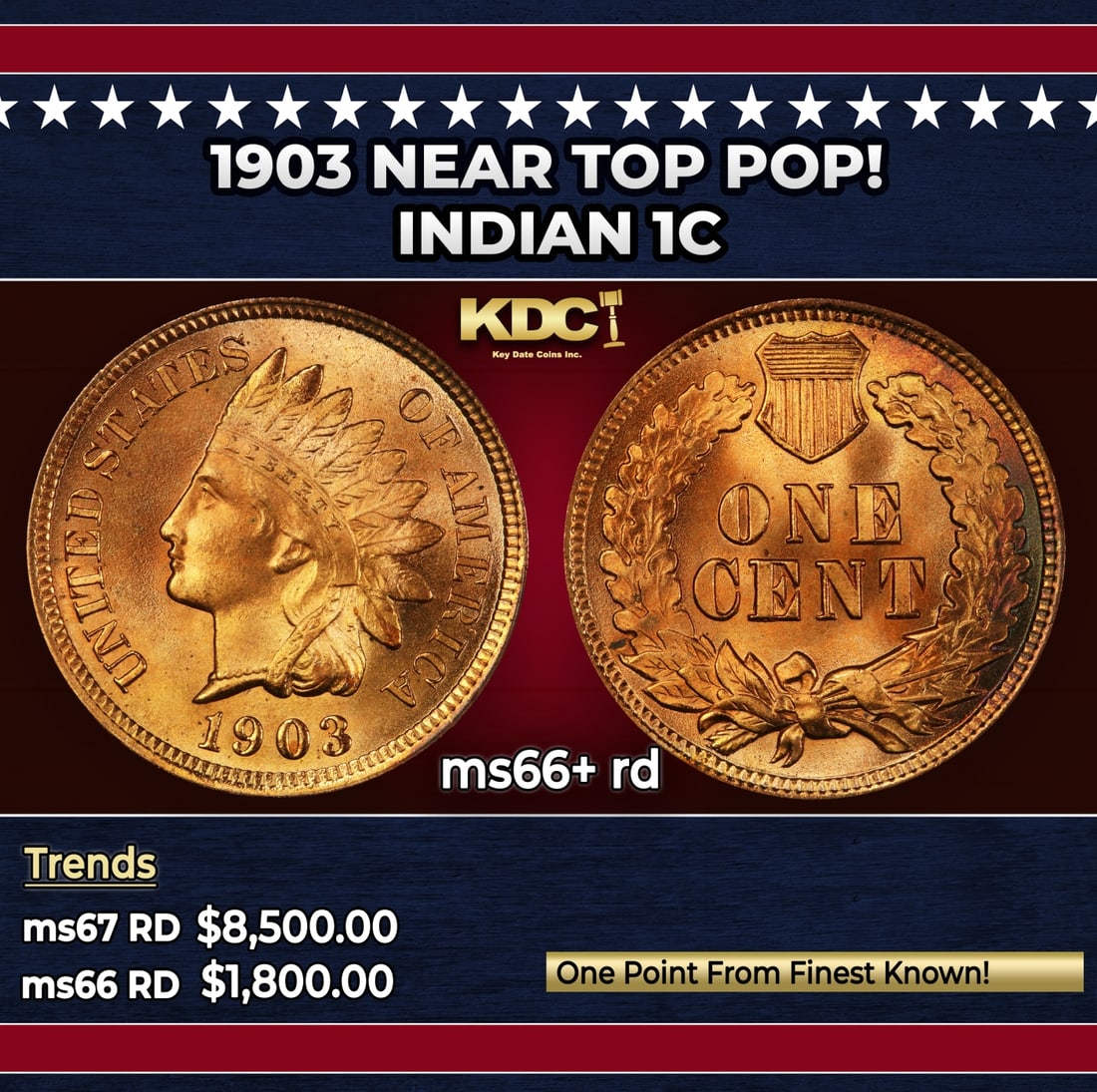 1903 Indian Cent Near Top Pop! 1c ms66+ rd SEGS: 1903 Near Top Pop! Indian Cent 1c ms66+ rd SEGS. Historic precious metal trends is causing increased spot pricing by the day. On auctions with set openings, we are doing our best to have items priced