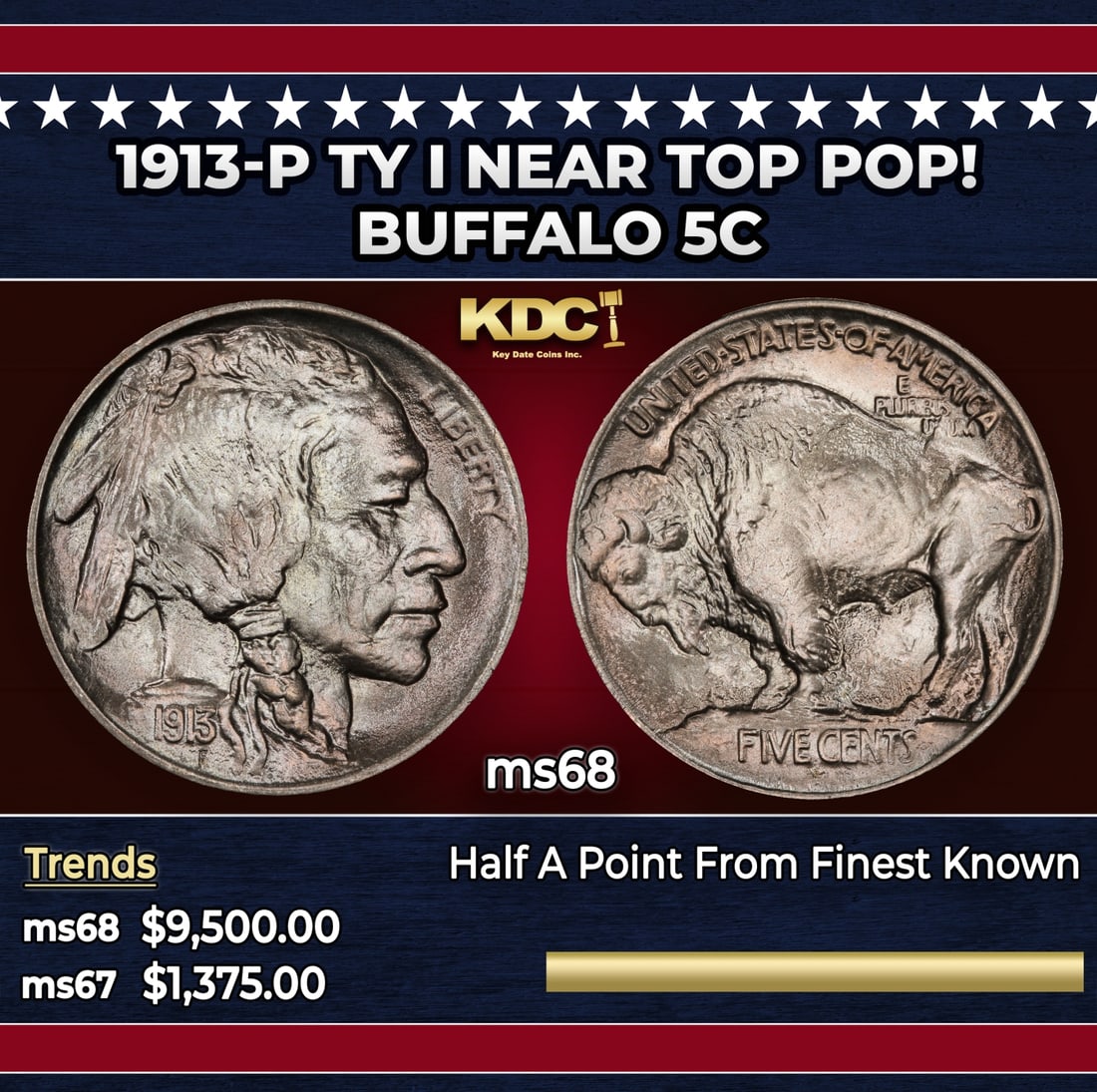 1913-p Ty I Buffalo Nickel Near Top Pop! 5c ms68 SEGS: 1913-p Ty I Near Top Pop! Buffalo Nickel 5c ms68 SEGS. Historic precious metal trends is causing increased spot pricing by the day. On auctions with set openings, we are doing our best to have items p