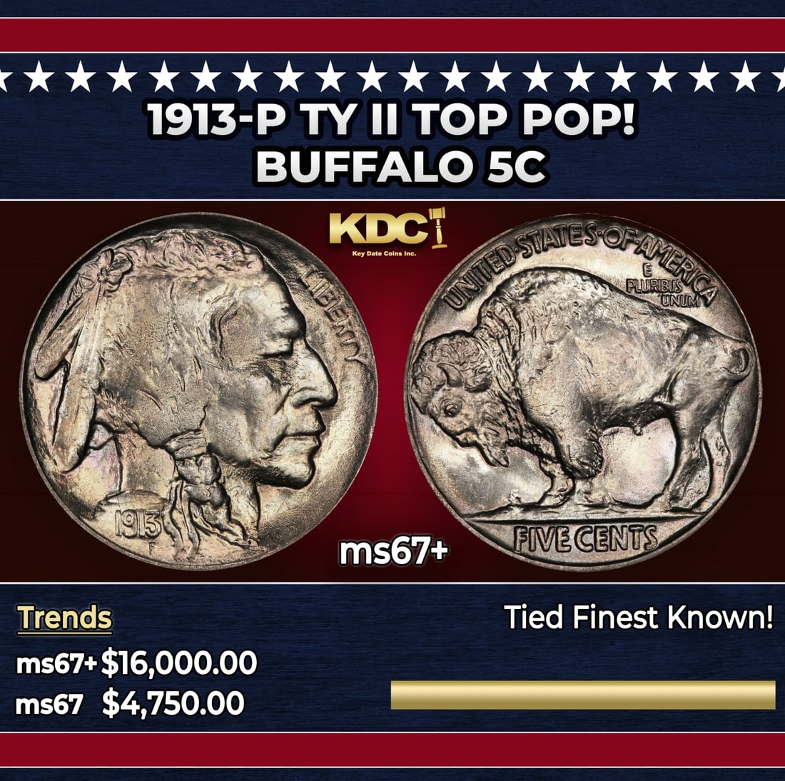 1913-p Ty II Buffalo Nickel TOP POP! 5c ms67+ SEGS: 1913-p Ty II TOP POP! Buffalo Nickel 5c ms67+ SEGS. Historic precious metal trends is causing increased spot pricing by the day. On auctions with set openings, we are doing our best to have items pric
