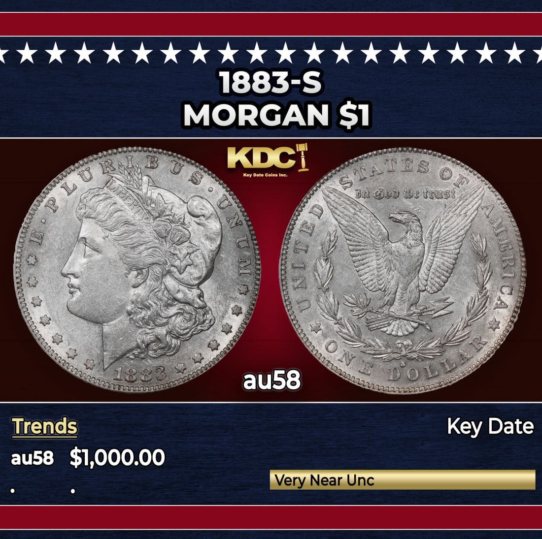 1883-s Morgan Dollar $1 au58 SEGS: 1883-s Morgan Dollar $1 au58 SEGS. Historic precious metal trends is causing increased spot pricing by the day. On auctions with set openings, we are doing our best to have items priced at their marke