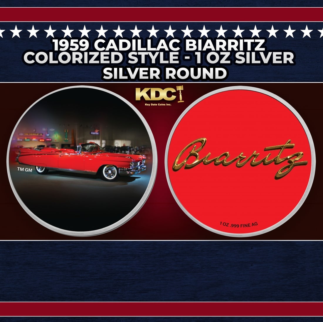 1959 Cadillac Biarritz Colorized Style - 1 oz Silver Round Round: 1959 Cadillac Biarritz Colorized Style - 1 oz Silver Round. Now you can own this classic Cadillac on a 1oz colorized silver round. The front features a fully colorized photo and the reverse features a