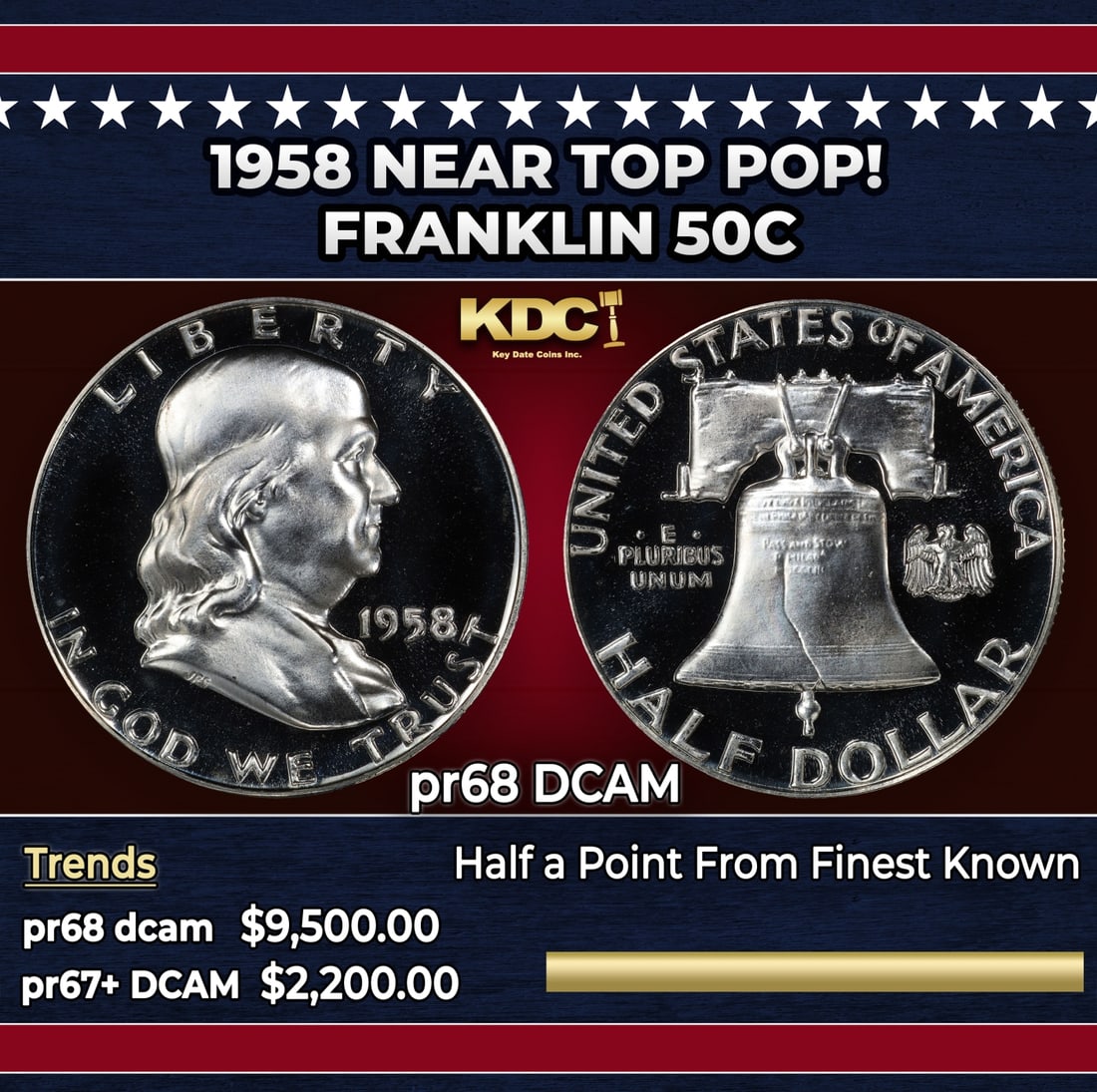1958 Proof Franklin Half Dollar Near Top Pop! 50c pr68 DCAM SEGS: 1958 Near Top Pop! Franklin Half Dollar 50c pr68 DCAM SEGS. Historic precious metal trends is causing increased spot pricing by the day. On auctions with set openings, we are doing our best to have it