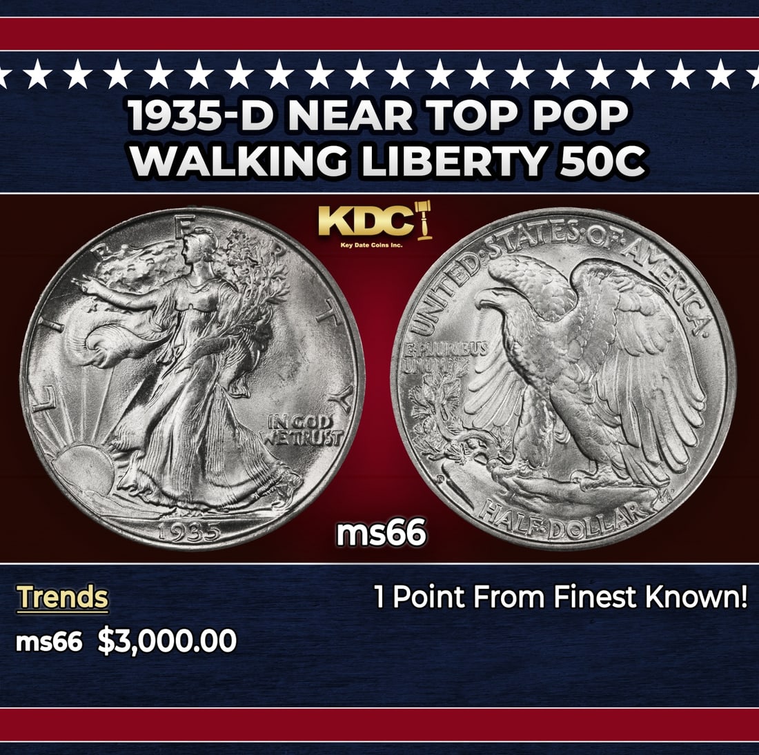 1935-d Walking Liberty Half Dollar Near Top Pop 50c ms66 SEGS: 1935-d Near Top Pop Walking Liberty Half Dollar 50c ms66 SEGS. Historic precious metal trends is causing increased spot pricing by the day. On auctions with set openings, we are doing our best to have