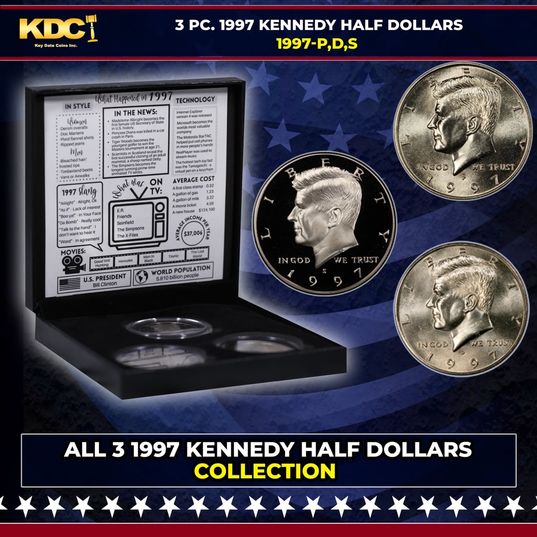 Complete 3 PC. 1997 Kennedy Half Dollar 50c set In Custom Box W/ Special Backer Card BU & Proof (1 of 7)