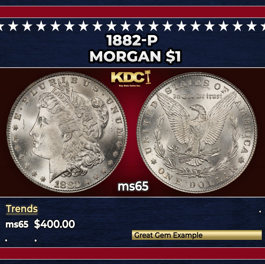 1882-p Morgan Dollar $1 Grades ms65: 1882-p Morgan Dollar $1 Grades ms65. Historic precious metal trends is causing increased spot pricing by the day. On auctions with set openings, we are doing our best to have items priced at their mar