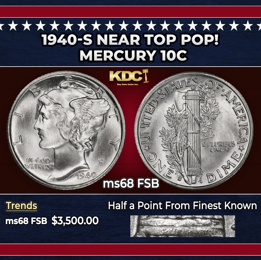 1940-s Mercury Dime Near Top Pop! 10c ms68 FSB SEGS: 1940-s Near Top Pop! Mercury Dime 10c ms68 FSB SEGS. Historic precious metal trends is causing increased spot pricing by the day. On auctions with set openings, we are doing our best to have items pri