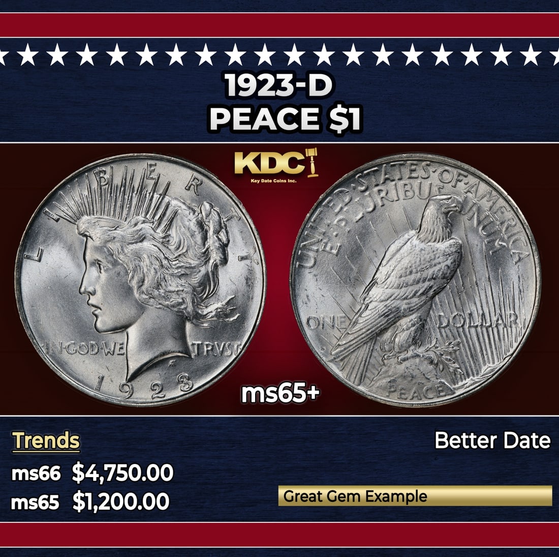 1923-d Peace Dollar $1 ms65+ SEGS: 1923-d Peace Dollar $1 ms65+ SEGS. Historic precious metal trends is causing increased spot pricing by the day. On auctions with set openings, we are doing our best to have items priced at their marke